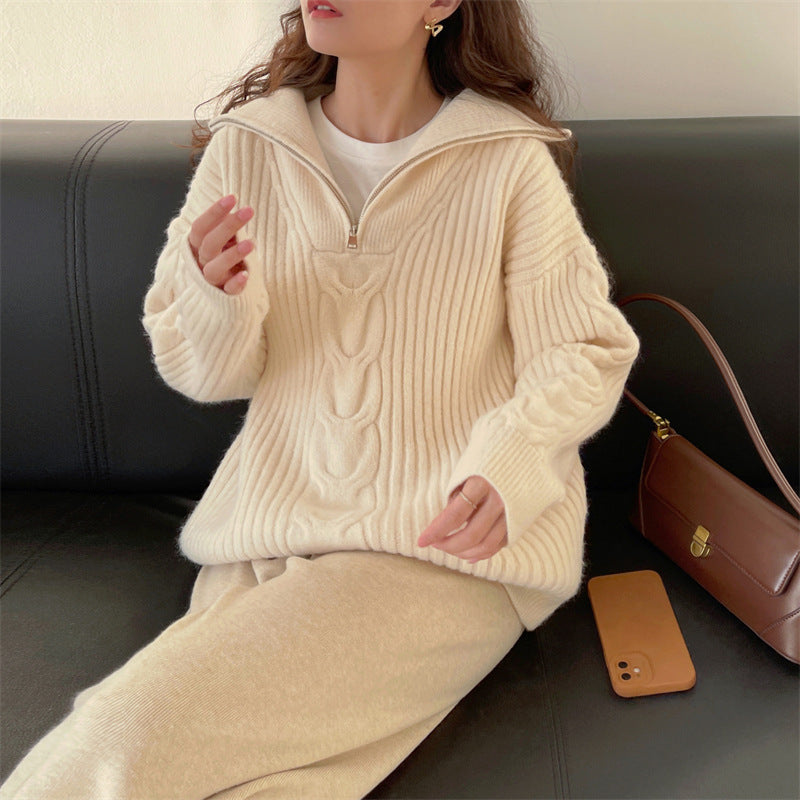 Half Zipper And Lapel Thick Sweater For Women Autumn And Winter