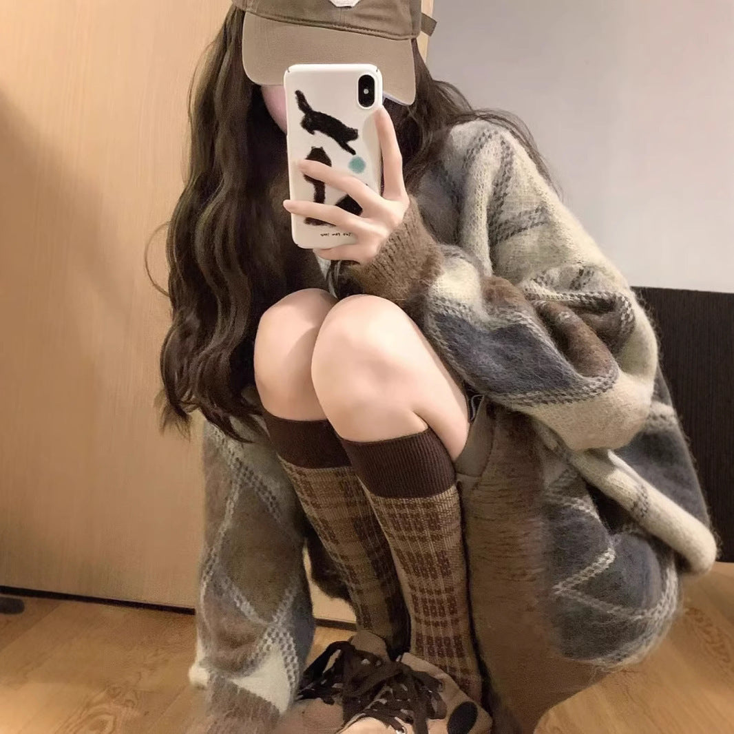 Diamond Plaid V-neck Knitted Cardigan Coat For Women