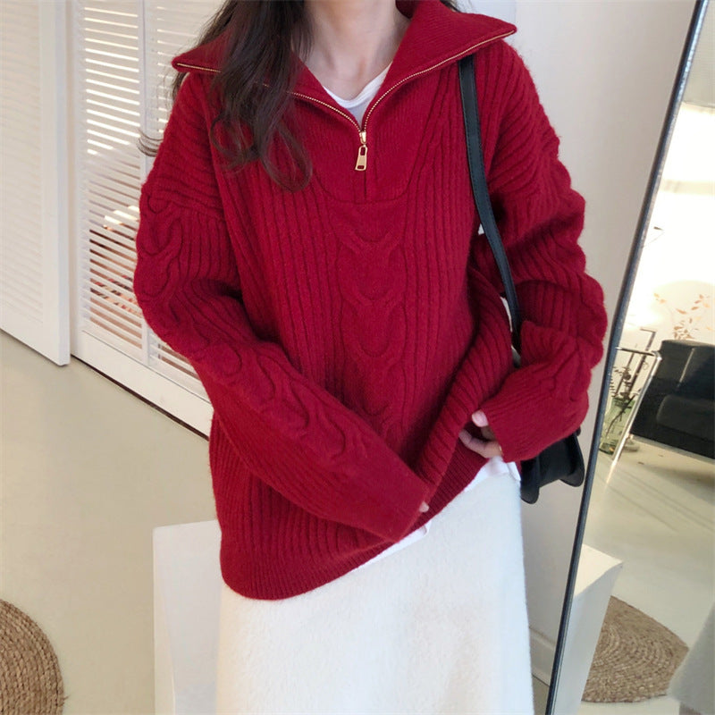 Half Zipper And Lapel Thick Sweater For Women Autumn And Winter