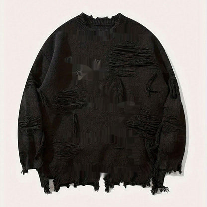 American New Dark Letter Jacquard Ripped Long Sleeves Warm Sweater