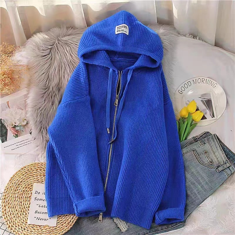 Autumn And Winter New Loose Hooded Knitted Zip Cardigan Tops