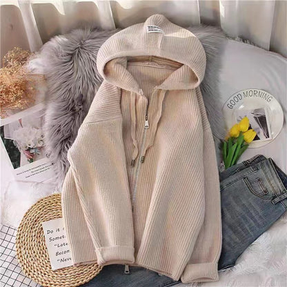 Autumn And Winter New Loose Hooded Knitted Zip Cardigan Tops