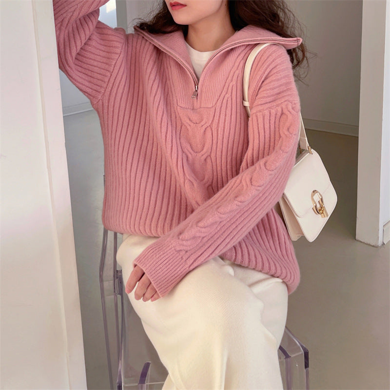 Half Zipper And Lapel Thick Sweater For Women Autumn And Winter