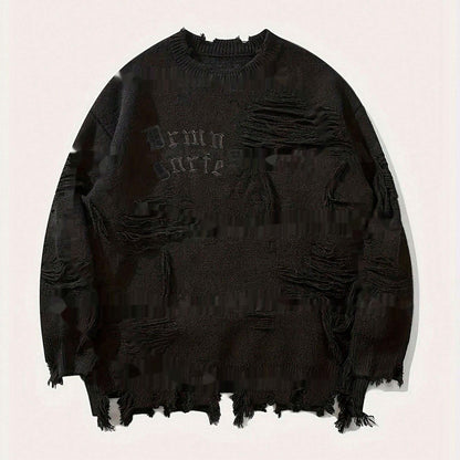 American New Dark Letter Jacquard Ripped Long Sleeves Warm Sweater