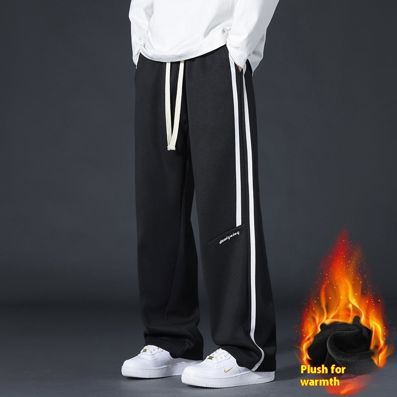 Winter Fleece-lined Loose Straight Trousers Youth Sports Pants