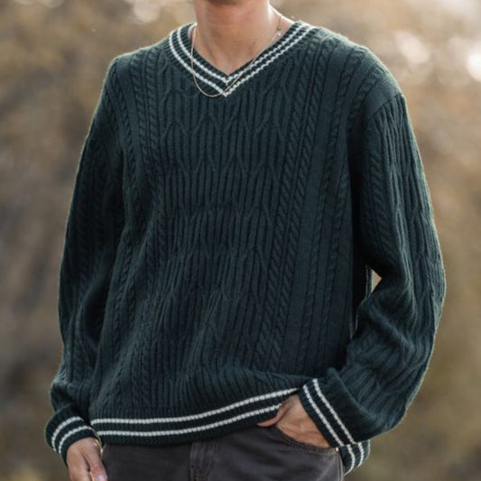 Color Matching Knitted V-neck Pullover Lazy Sweater