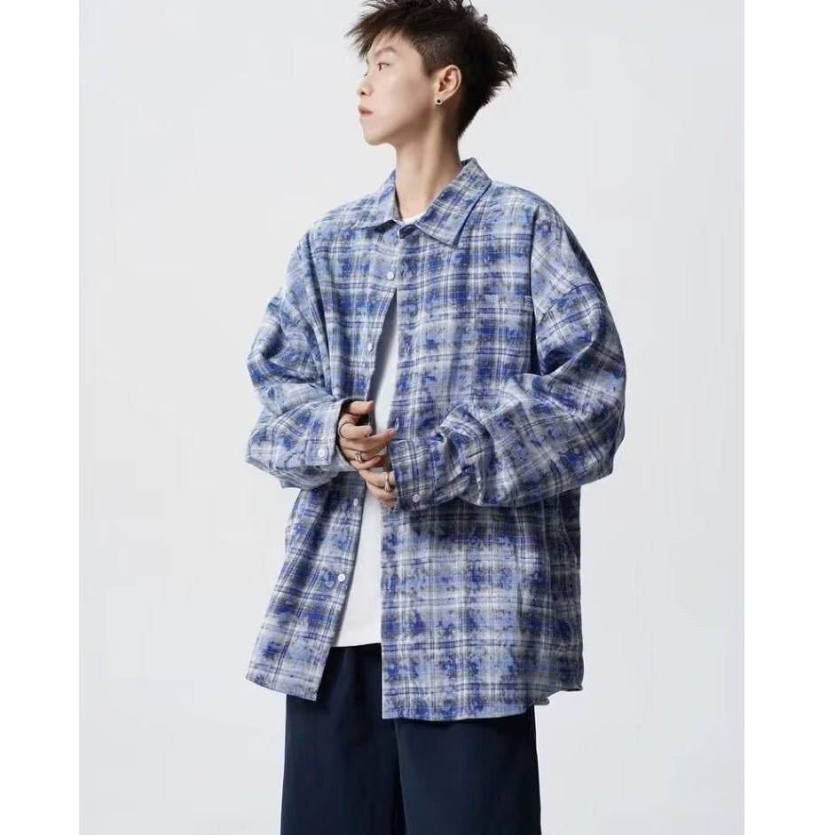 Retro Patchwork Contrast Color Tie-dyed Lazy Plaid Loose Leisure College Style Lapel Long Sleeve Shirt