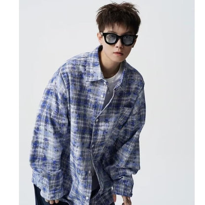 Retro Patchwork Contrast Color Tie-dyed Lazy Plaid Loose Leisure College Style Lapel Long Sleeve Shirt