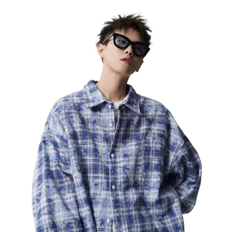 Retro Patchwork Contrast Color Tie-dyed Lazy Plaid Loose Leisure College Style Lapel Long Sleeve Shirt