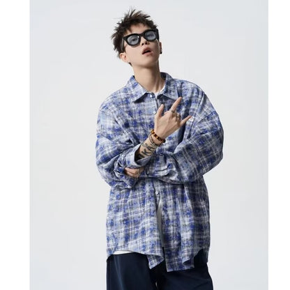 Retro Patchwork Contrast Color Tie-dyed Lazy Plaid Loose Leisure College Style Lapel Long Sleeve Shirt