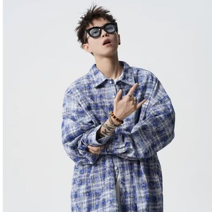 Retro Patchwork Contrast Color Tie-dyed Lazy Plaid Loose Leisure College Style Lapel Long Sleeve Shirt