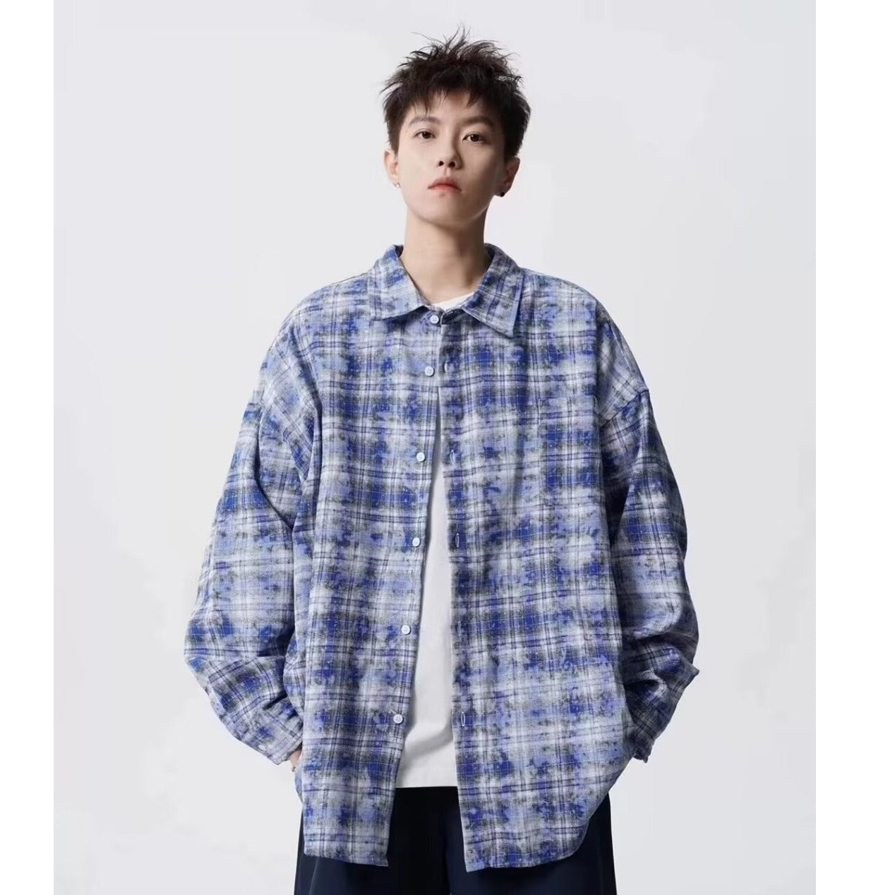 Retro Patchwork Contrast Color Tie-dyed Lazy Plaid Loose Leisure College Style Lapel Long Sleeve Shirt