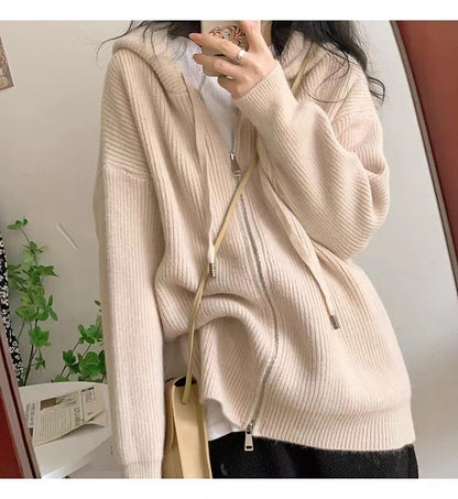 Autumn And Winter New Loose Hooded Knitted Zip Cardigan Tops