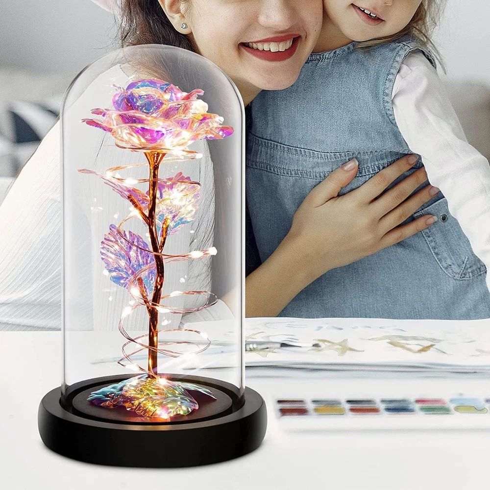 Artificial Colorful Flower Rose Gift Led Light On Galaxy Rose Glass Dome Best Gifts