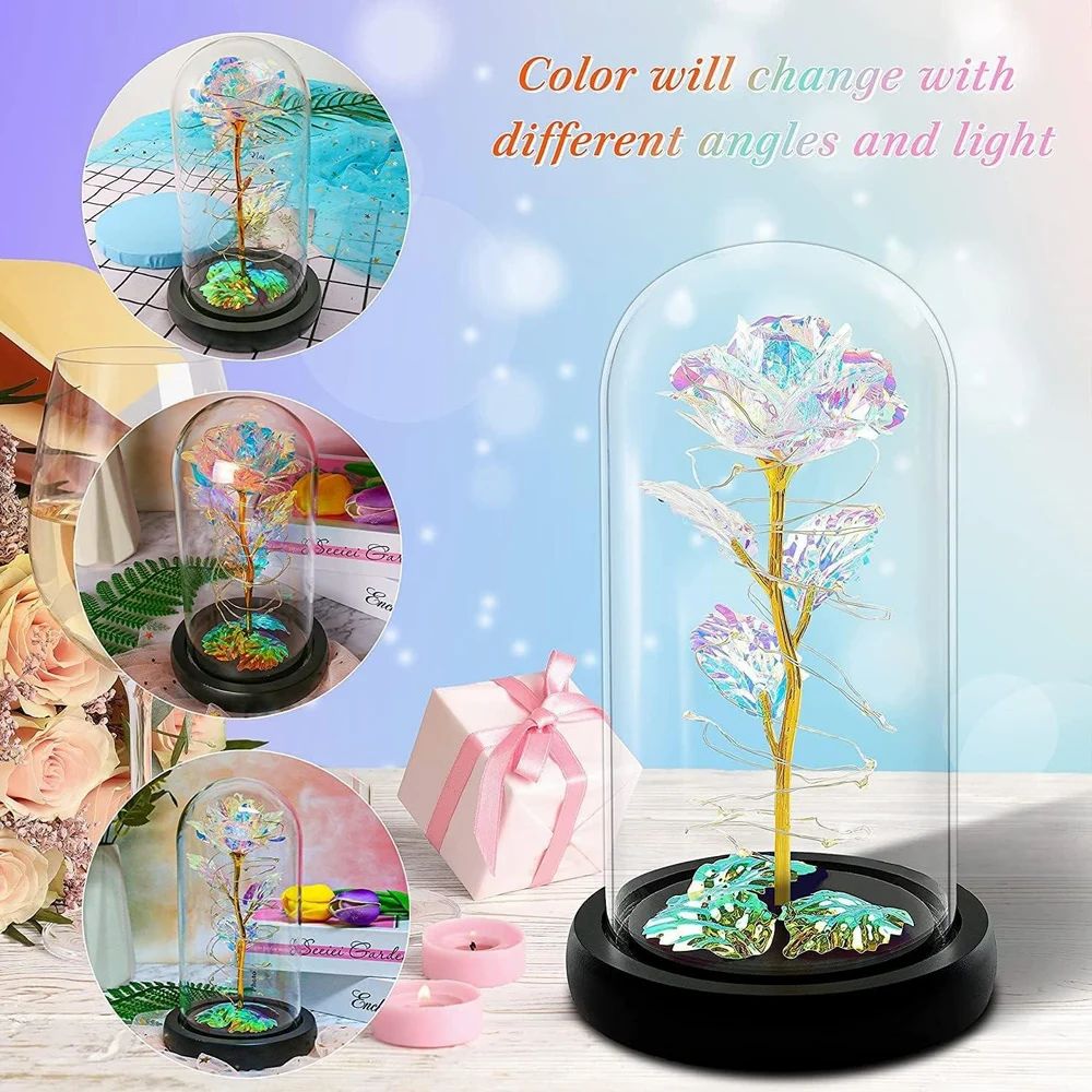 Artificial Colorful Flower Rose Gift Led Light On Galaxy Rose Glass Dome Best Gifts