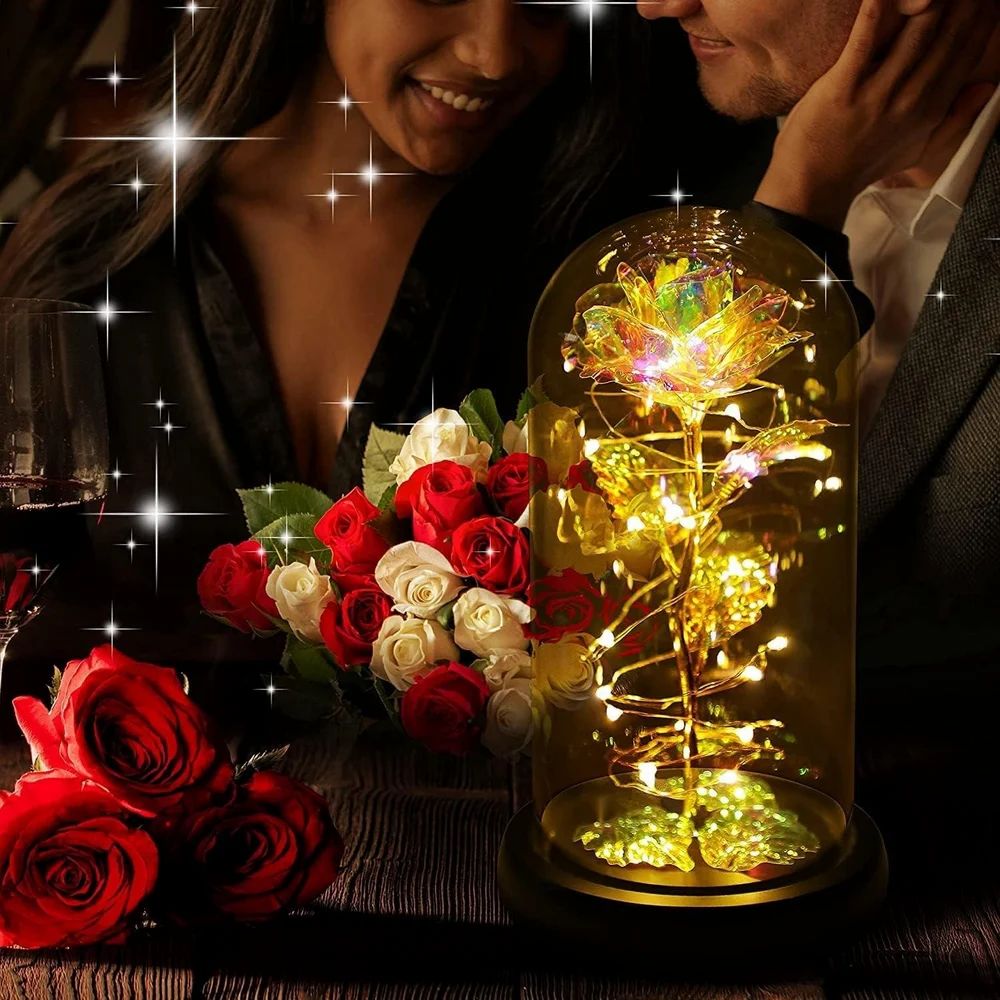 Artificial Colorful Flower Rose Gift Led Light On Galaxy Rose Glass Dome Best Gifts