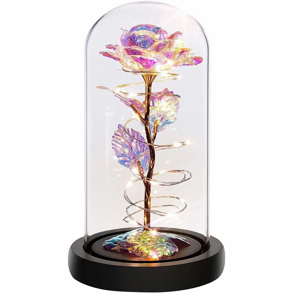 Artificial Colorful Flower Rose Gift Led Light On Galaxy Rose Glass Dome Best Gifts