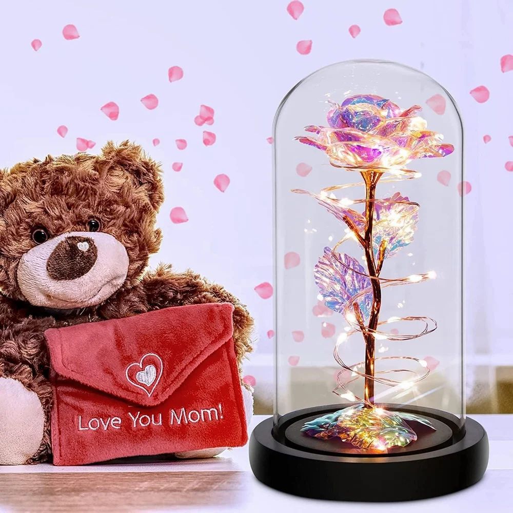 Artificial Colorful Flower Rose Gift Led Light On Galaxy Rose Glass Dome Best Gifts