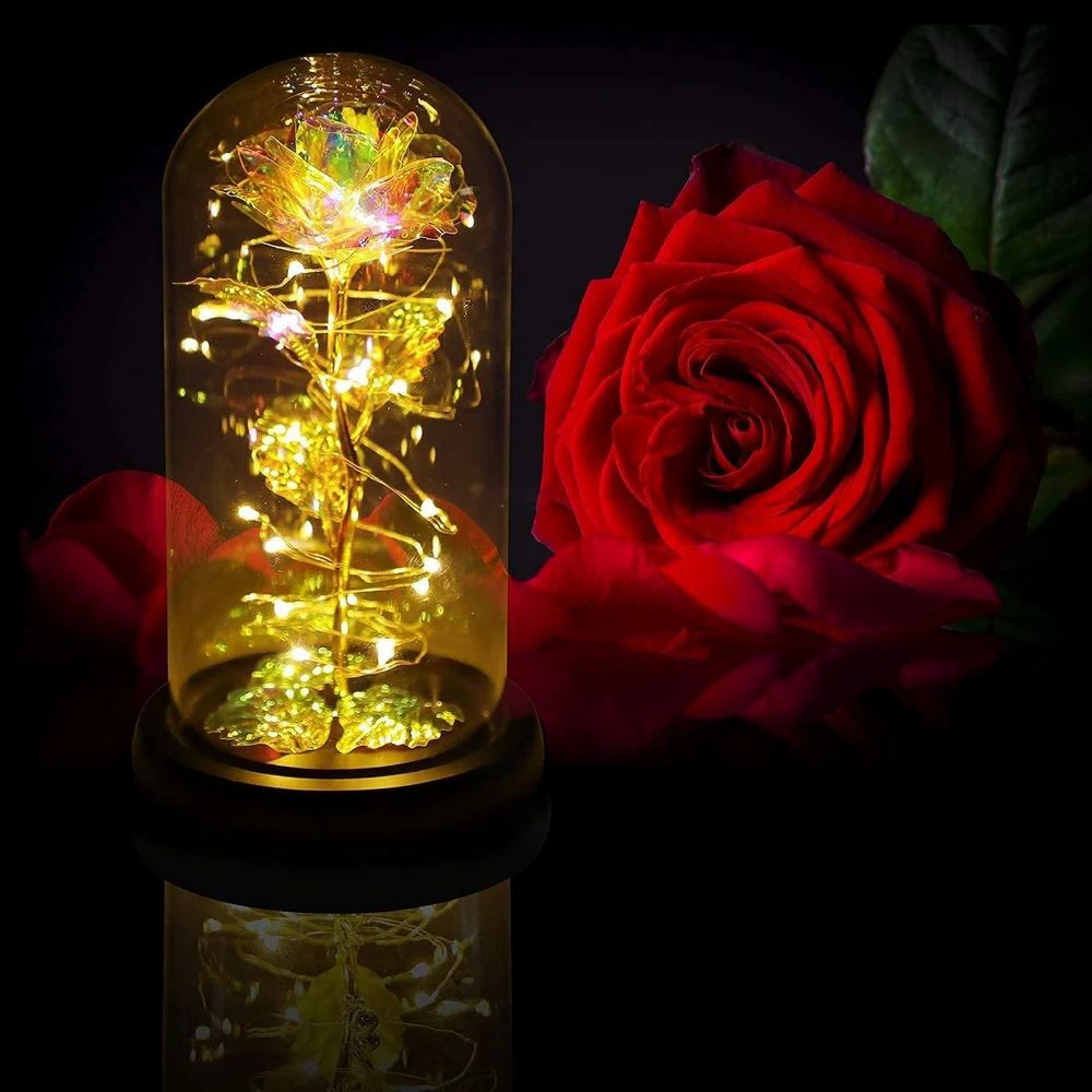 Artificial Colorful Flower Rose Gift Led Light On Galaxy Rose Glass Dome Best Gifts