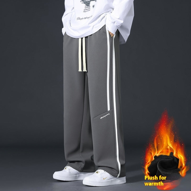 Winter Fleece-lined Loose Straight Trousers Youth Sports Pants