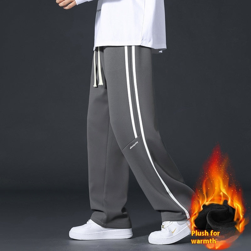 Winter Fleece-lined Loose Straight Trousers Youth Sports Pants