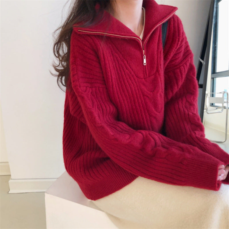 Half Zipper And Lapel Thick Sweater For Women Autumn And Winter