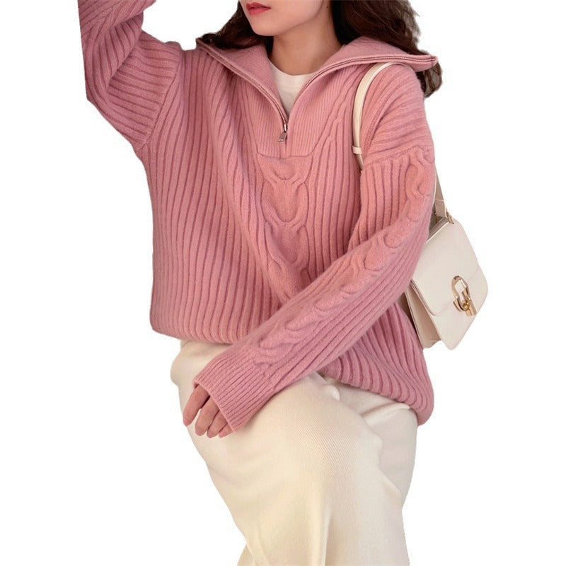 Half Zipper And Lapel Thick Sweater For Women Autumn And Winter