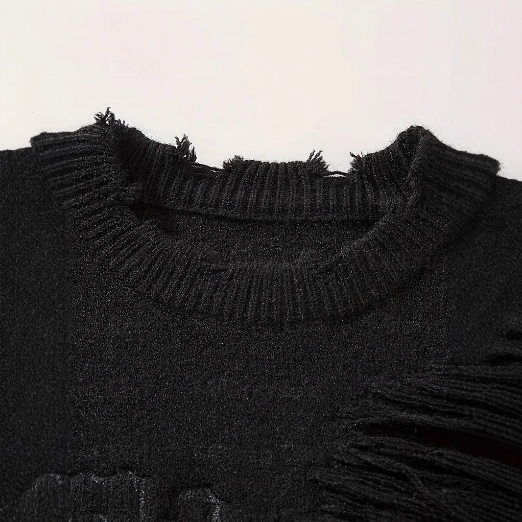 American New Dark Letter Jacquard Ripped Long Sleeves Warm Sweater