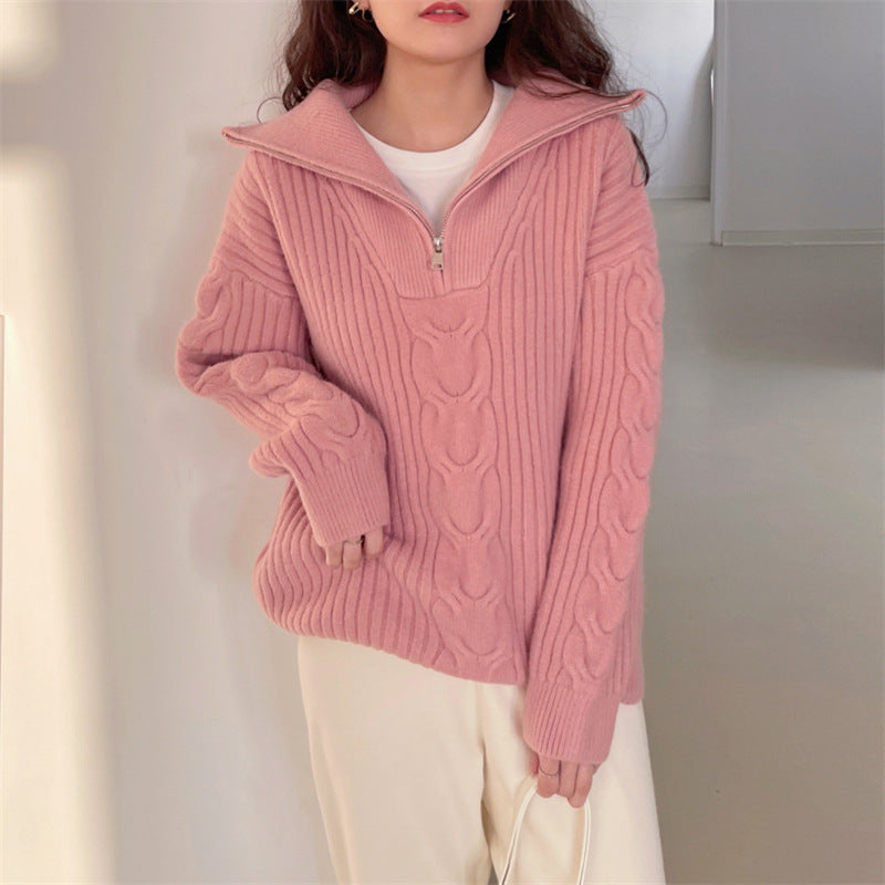 Half Zipper And Lapel Thick Sweater For Women Autumn And Winter